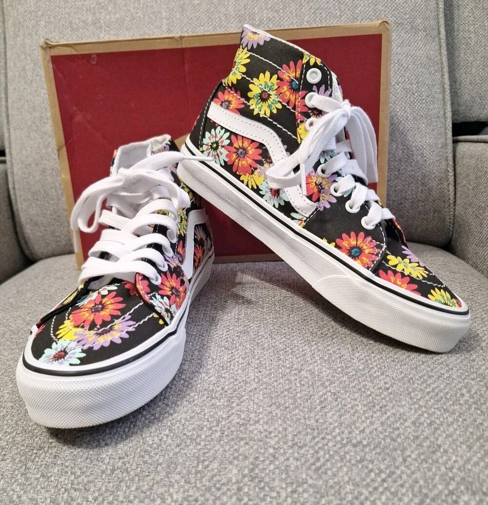 Vans SK8-Hi Tapered Womens Sz 8 Hi Top Shoe Black Peace Floral Flowers Skater
